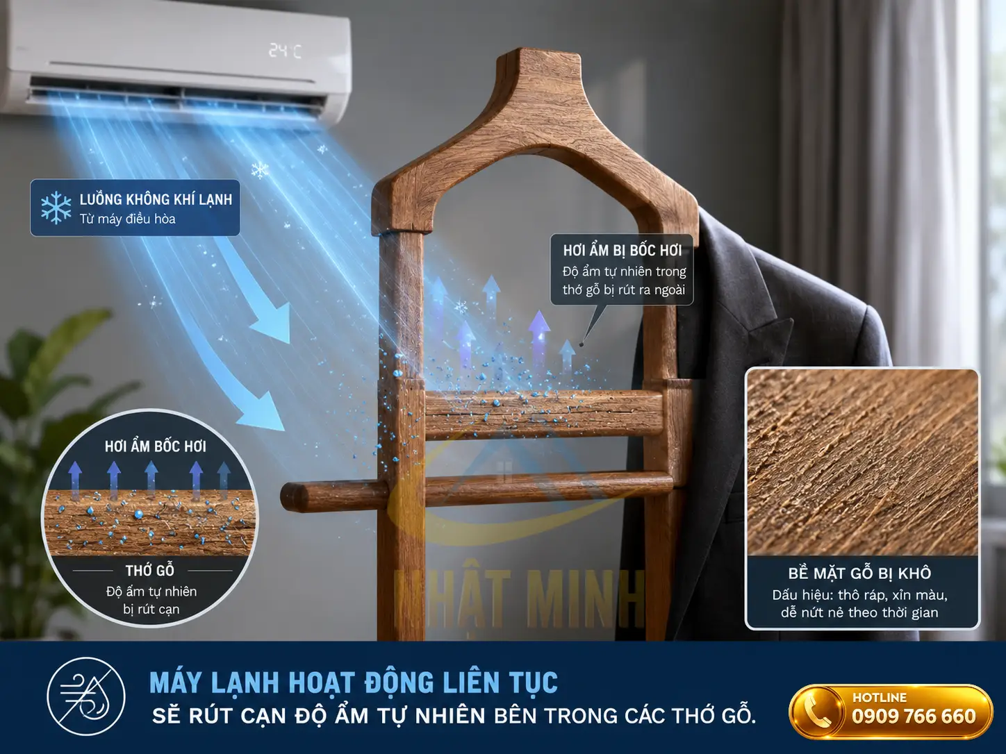 Gió điều hòa tác động cây treo quần áo vest mất ẩm