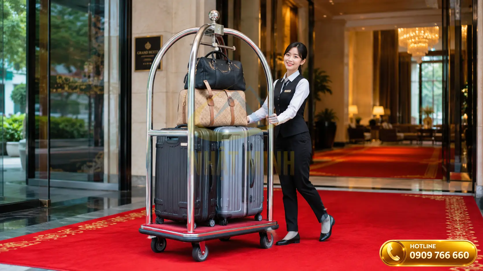 Nhân viên bellman sắp xếp đồ đạc lên xe đẩy hành lý an toàn