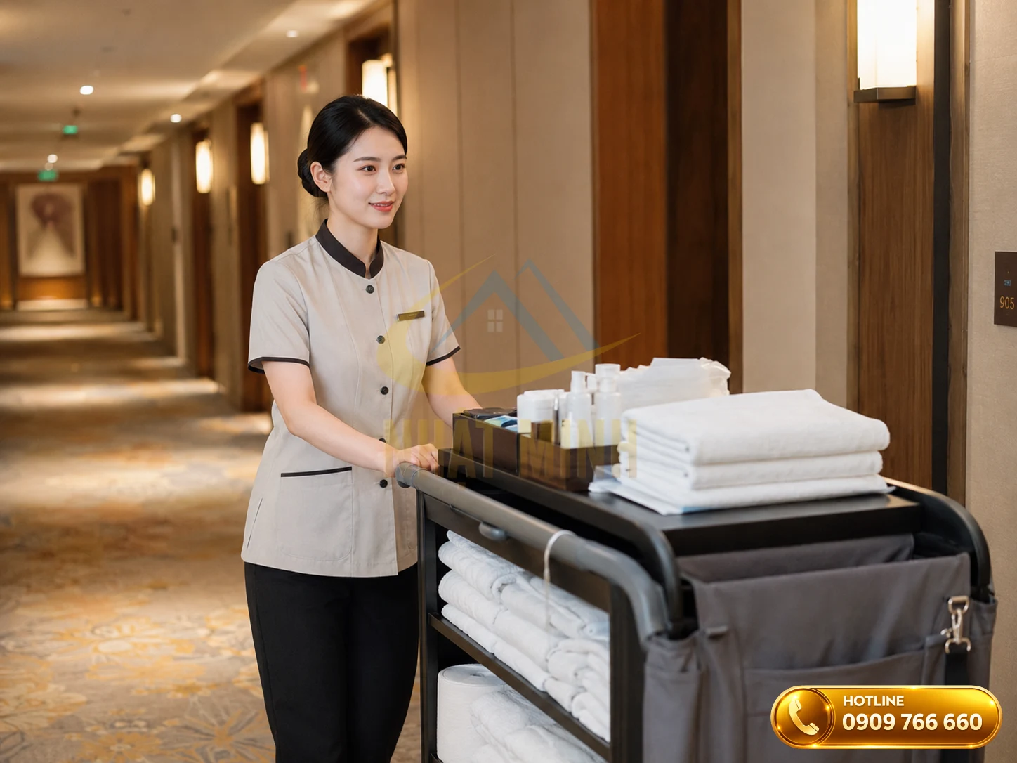 Nhân viên buồng phòng đẩy xe dọn vệ sinh đúng tư thế an toàn dọc hành lang khách sạn