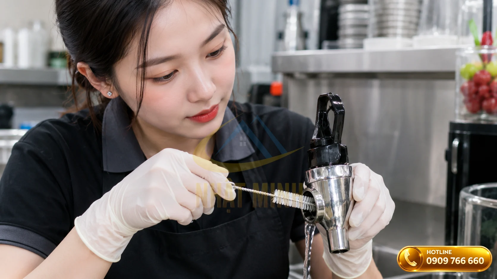Dùng cọ chuyên dụng vệ sinh vòi rót bình nước ép trái cây buffet