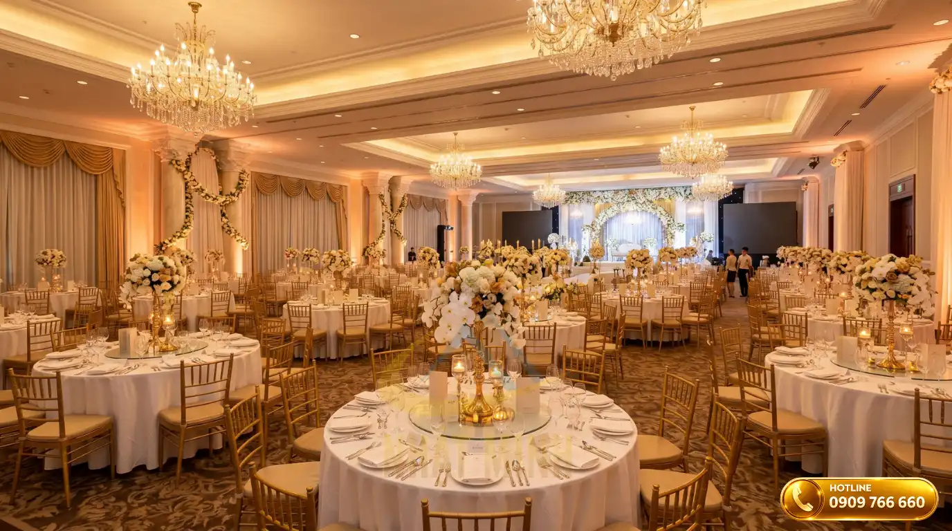 Setup không gian sảnh tiệc cưới sang trọng với hệ thống bàn banquet tròn cao cấp