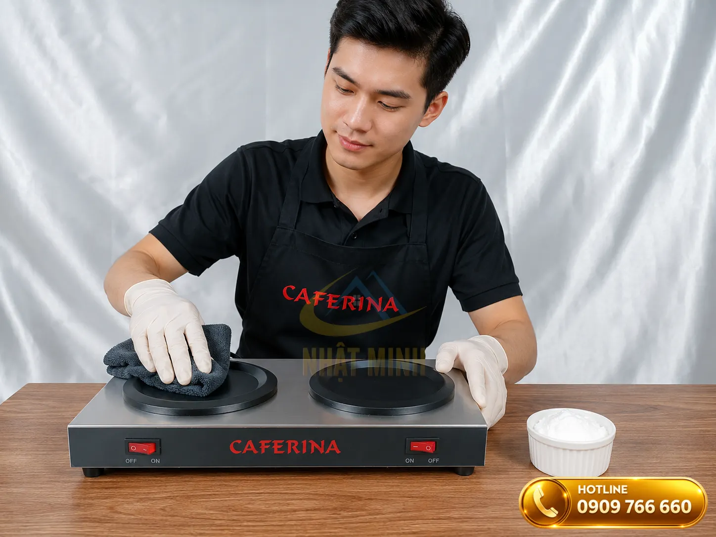 Hướng dẫn vệ sinh mâm nhiệt máy hâm cà phê bằng khăn ẩm và baking soda
