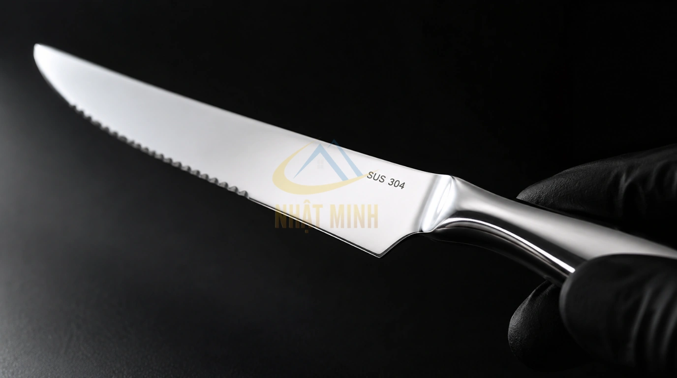 Cận cảnh dao ăn steak inox với lưỡi cưa sắc bén và cán đúc đặc, thể hiện độ đầm tay chắc chắn