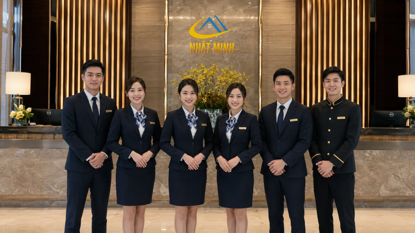 Đội ngũ nhân viên chuyên nghiệp sẵn sàng phục vụ tại khu vực tiền sảnh khách sạn