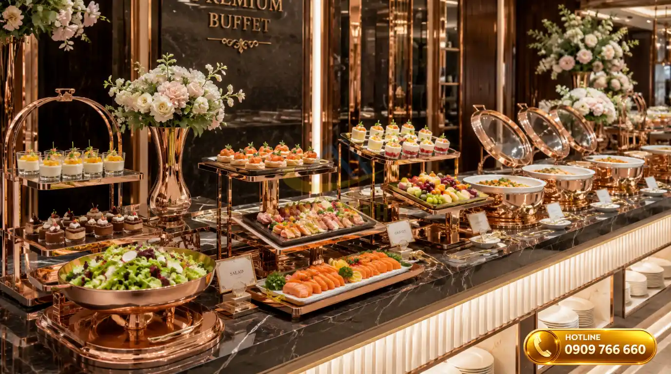Sự đồng bộ trong vật dụng trưng bày và kệ xếp tầng tại quầy buffet hiện đại
