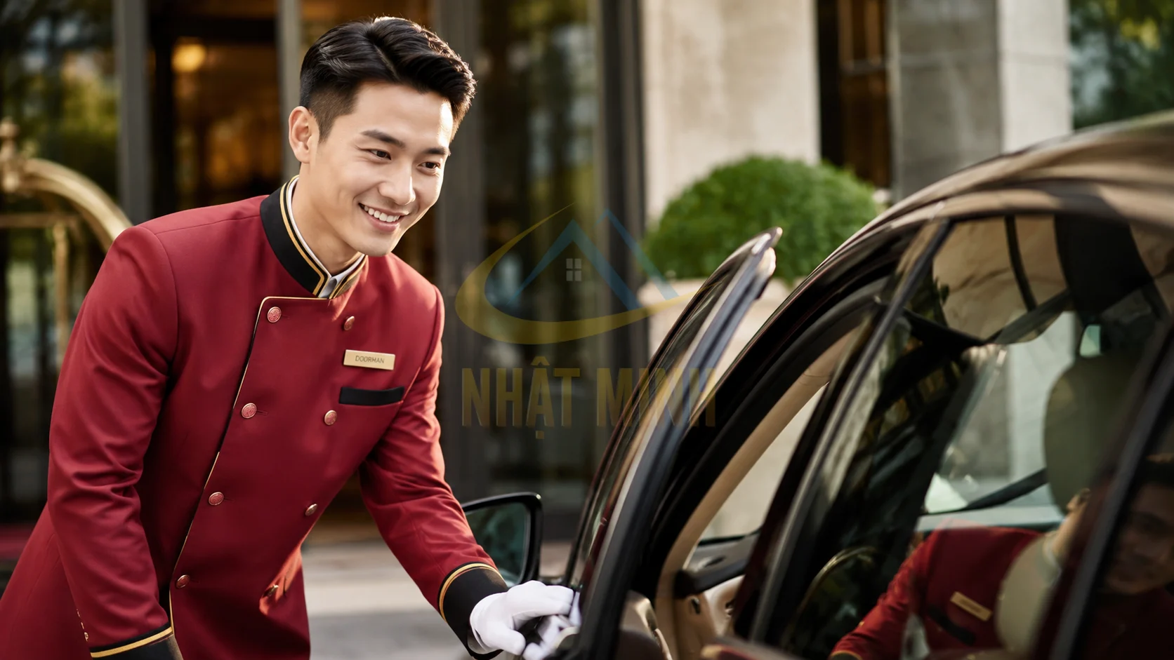 Nhân viên Doorman chuyên nghiệp đang mở cửa đón khách tại khu vực sảnh ngoài khách sạn