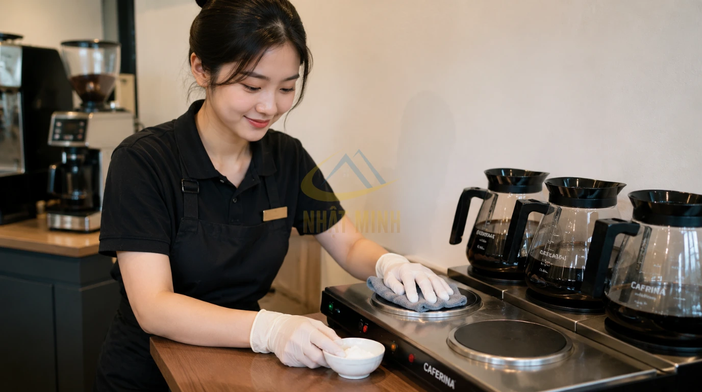 Nhân viên vệ sinh bếp hâm nóng cà phê để bảo quản thiết bị