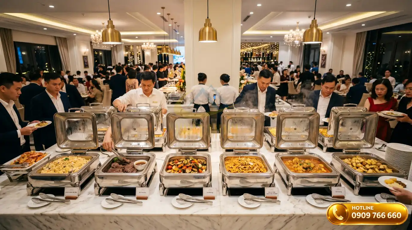Sơ đồ setup dàn nồi hâm buffet tiêu chuẩn cho tiệc 200 khách tại nhà hàng sang trọng