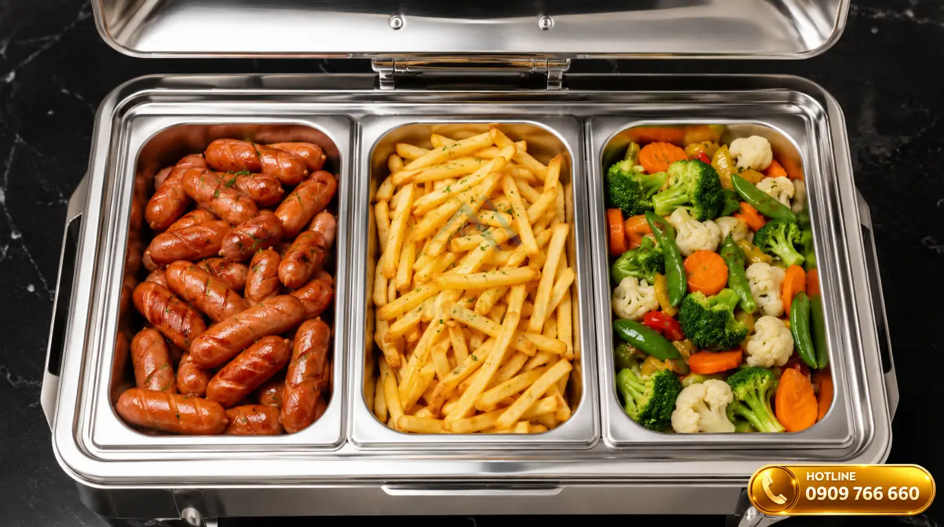 Ứng dụng khay inox 1/3 bên trong nồi hâm buffet để trưng bày nhiều món ăn cùng lúc
