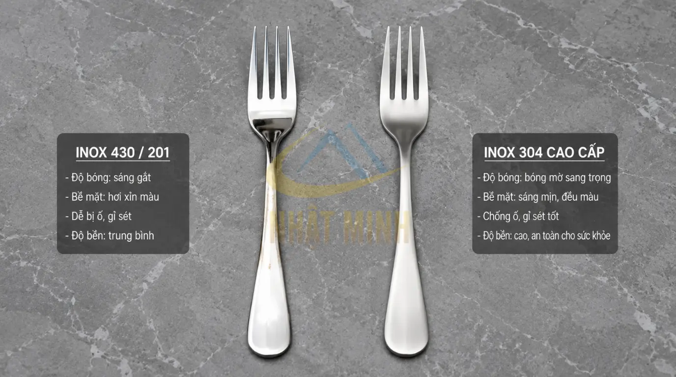 So sánh trực quan giữa chiếc nĩa inox 304 Nhật Minh (phải) có độ bóng mờ sang trọng và chiếc nĩa inox 430/201 (trái) dễ bị xỉn màu