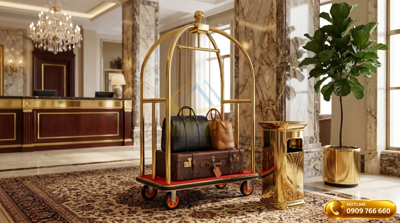 Xe đẩy hành lý kiểu lồng chim mạ vàng cao cấp và thùng rác trang trí tại khu vực tiền sảnh khách sạn