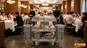 Cận cảnh chi tiết cấu tạo khung inox sáng bóng và khay nhựa của xe đẩy thu dọn