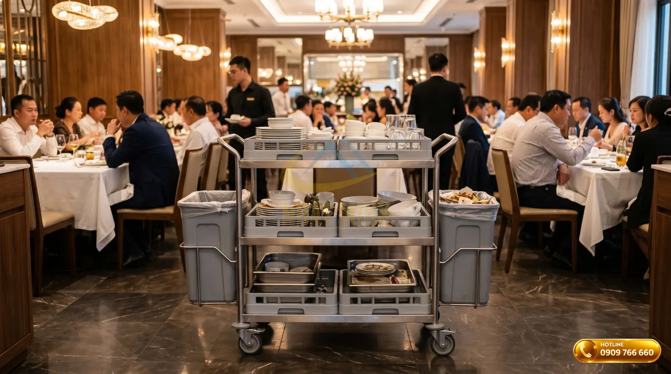 Cận cảnh chi tiết cấu tạo khung inox sáng bóng và khay nhựa của xe đẩy thu dọn