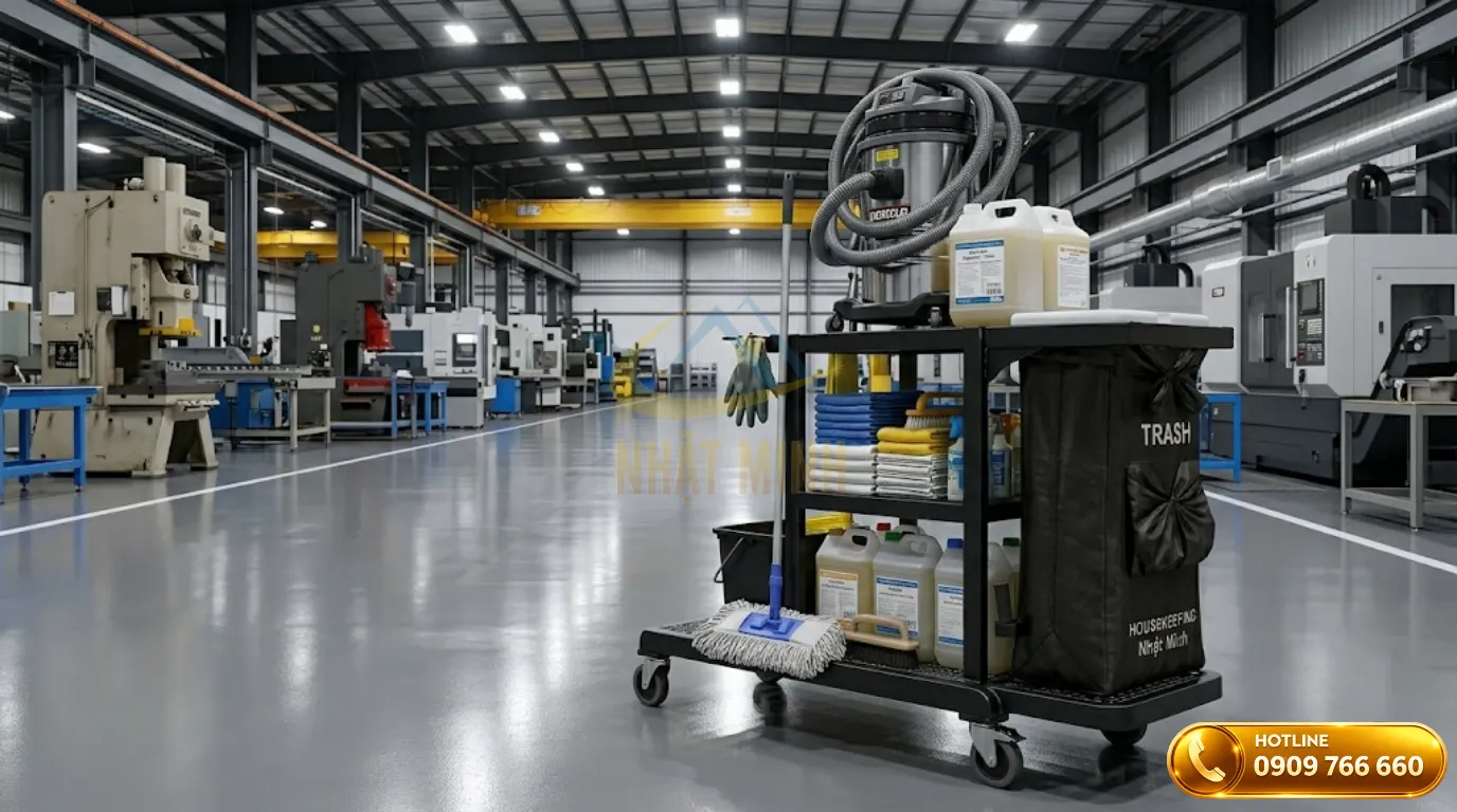 Xe dọn vệ sinh công nghiệp khung thép dày chịu lực tại nhà máy sản xuất