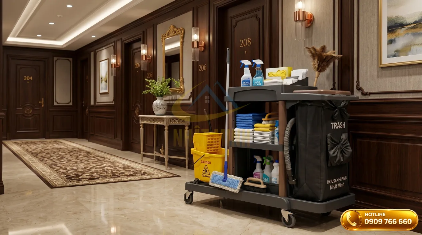 Xe dọn vệ sinh cao cấp trang bị đầy đủ dụng cụ tại hành lang khách sạn