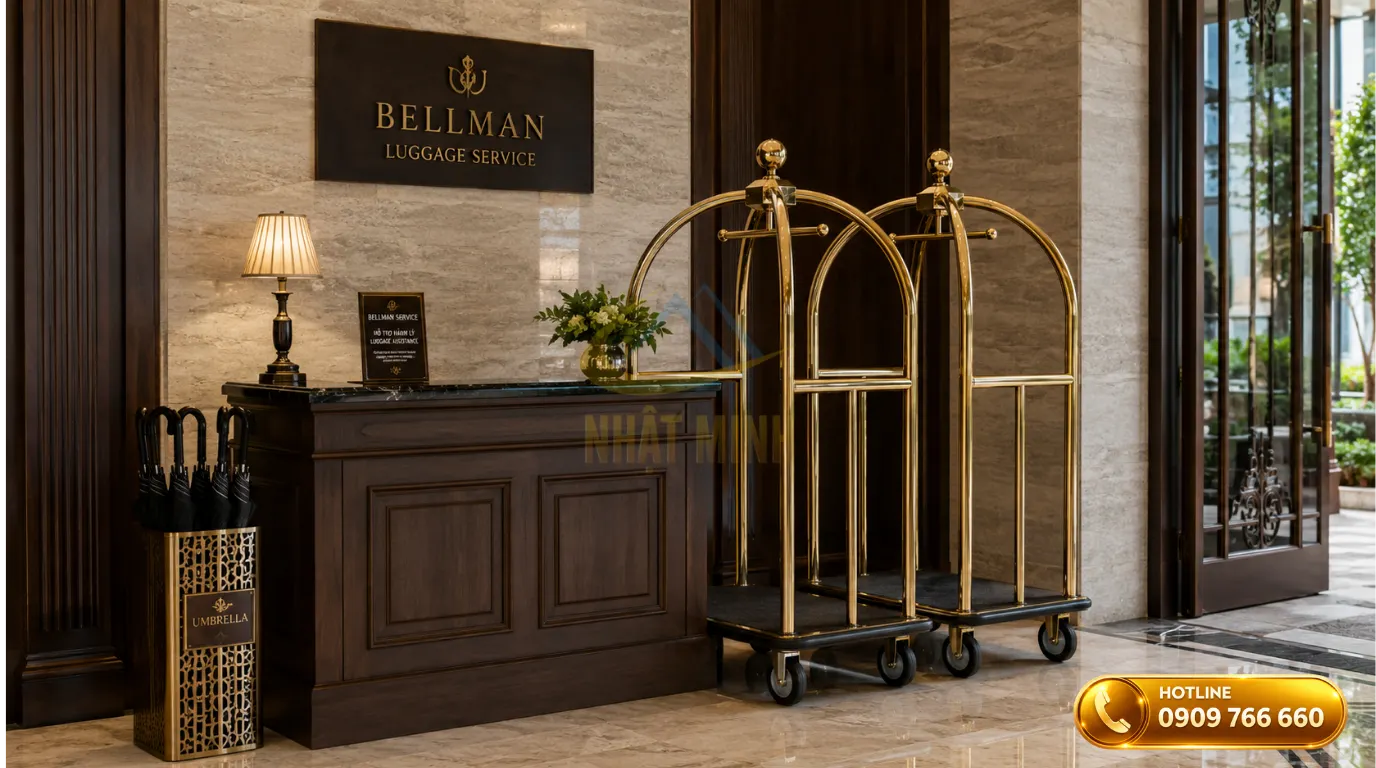 Cách xếp thùng đựng dù tiện lợi ngay cạnh xe đẩy và quầy gửi hành lý của Bellman