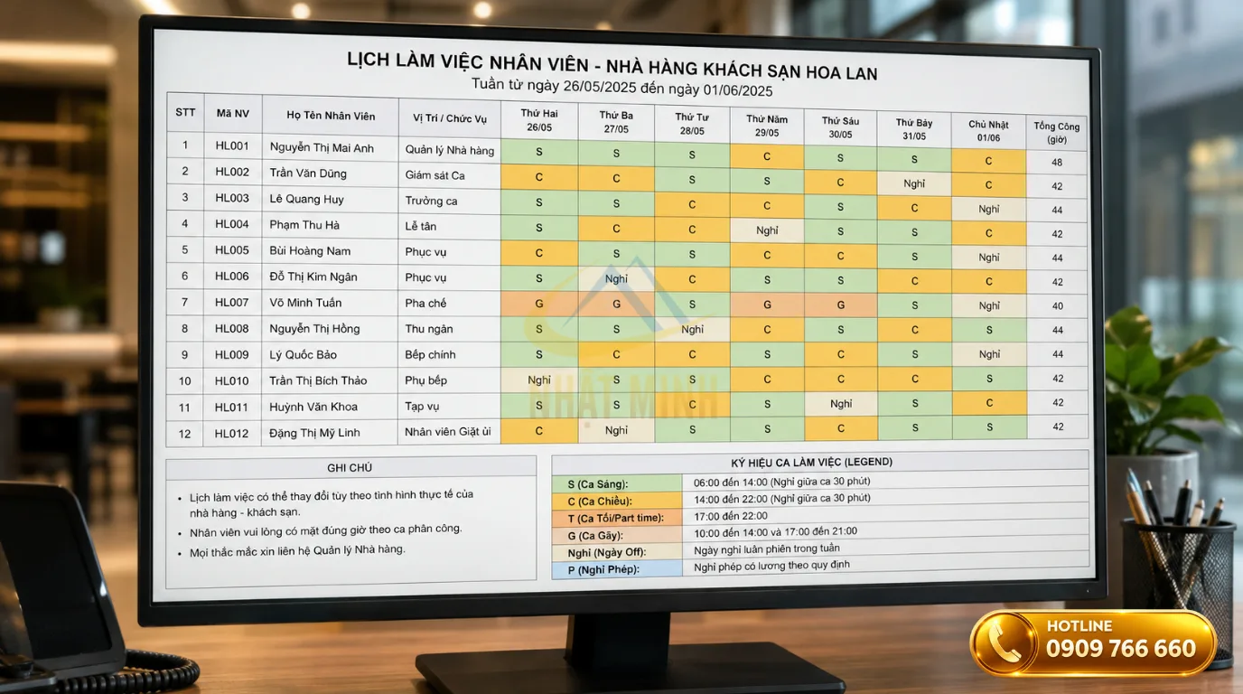 Tải miễn phí file excel chia ca nhân viên nhà hàng chuyên nghiệp