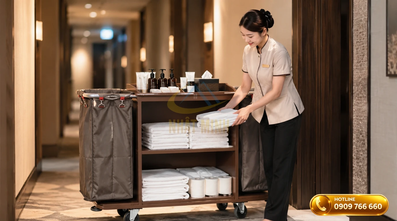 Nhân viên buồng phòng đang sắp xếp đồ đạc trên xe đẩy khách sạn đúng chuẩn