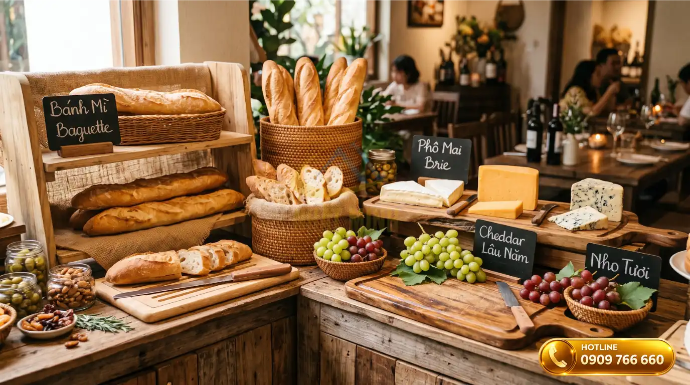 Sử dụng kệ gỗ trang trí buffet cho khu vực bánh mì mộc và phô mai