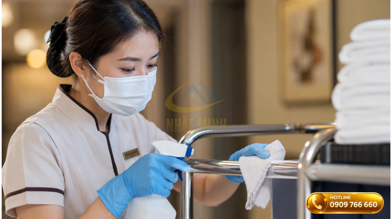 Nhân viên vệ sinh khử khuẩn khung xe giặt là bằng dung dịch chuyên dụng