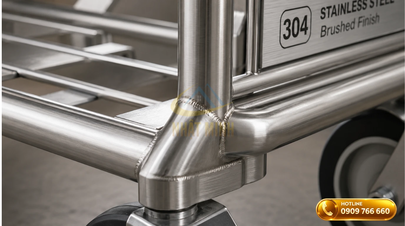 Cận cảnh cấu tạo khung xe đẩy hành lý khách sạn làm từ Inox 304 chống rỉ sét