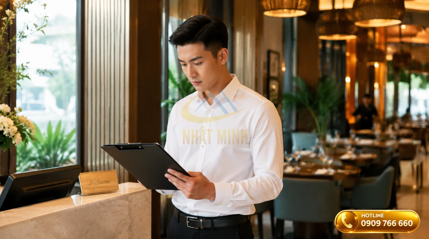 Quản lý đang theo dõi mẫu bảng phân ca trực nhà hàng để điều phối nhân sự