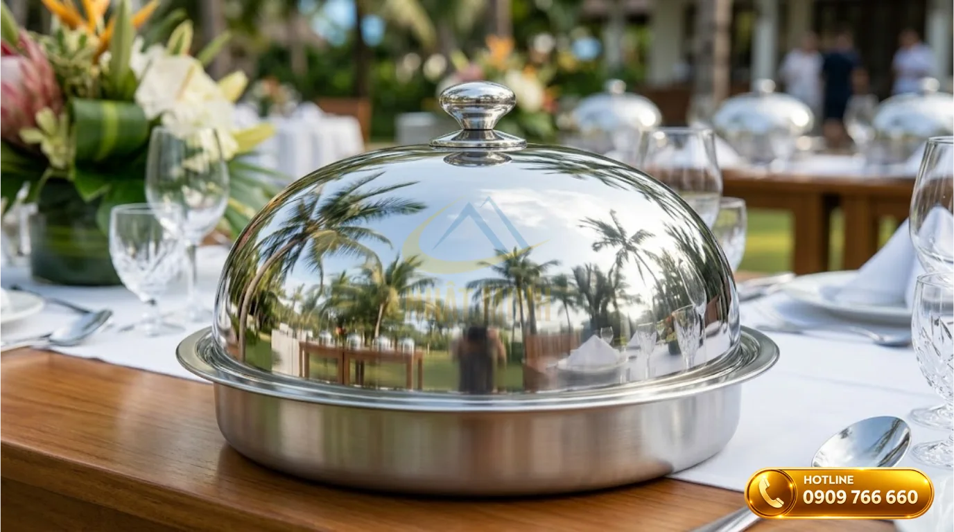 Nắp đậy thức ăn giữ nhiệt bằng inox cao cấp dùng cho các món nóng trong tiệc buffet