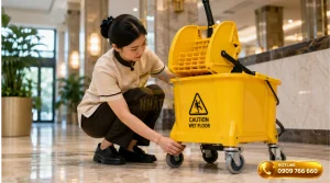 Nhân viên buồng phòng đang kiểm tra phụ kiện xe vắt nước lau nhà tại sảnh khách sạn