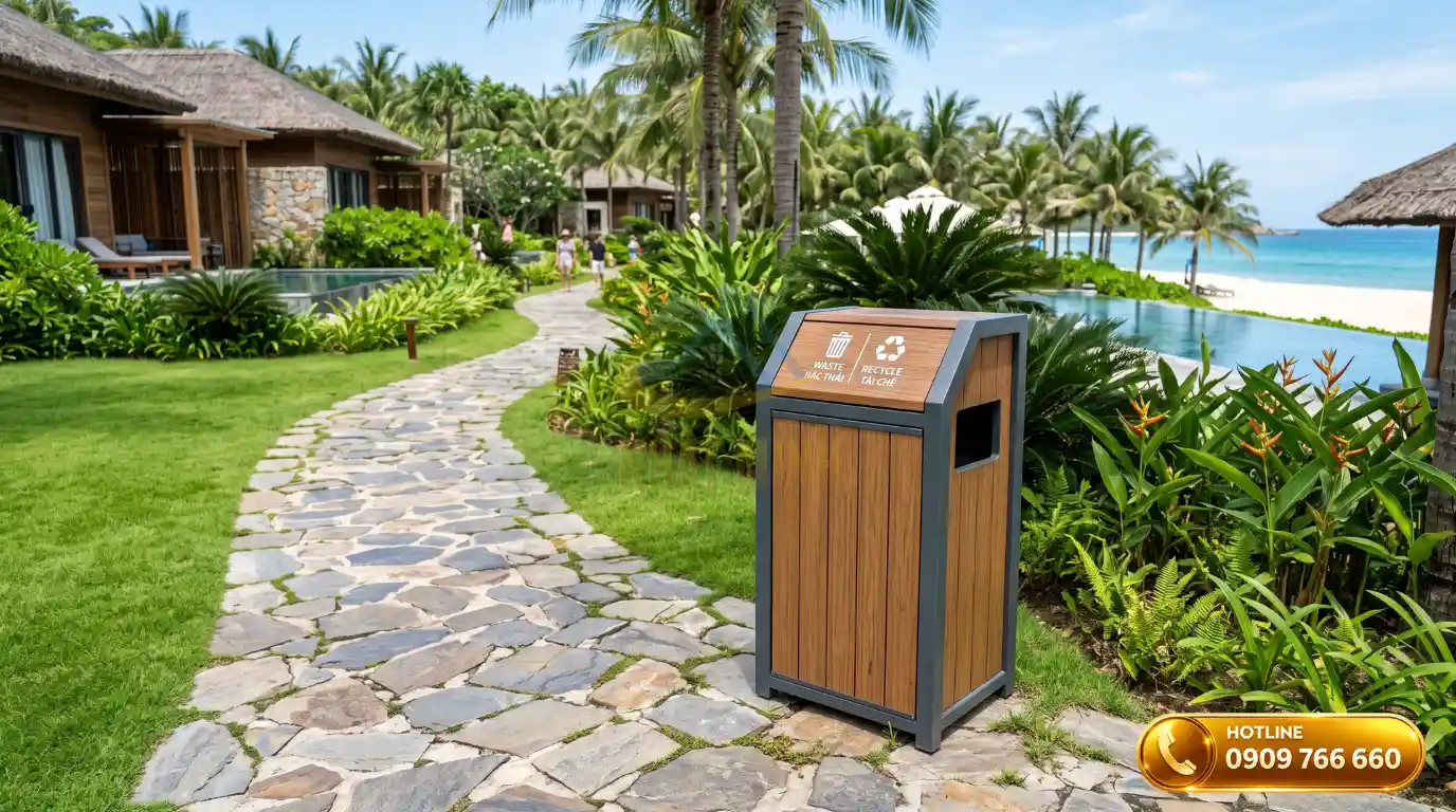 Thùng rác gỗ nhựa ngoài trời đặt tại khuôn viên resort sinh thái sang trọng