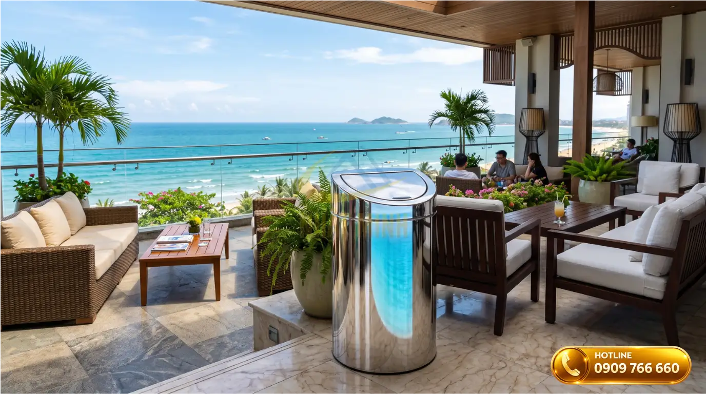 Thùng rác Inox 304 chống gỉ sét bố trí tại sảnh khách sạn 5 sao