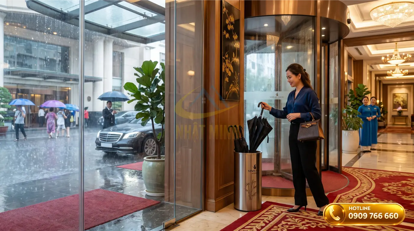 Vị trí đặt thùng đựng dù khoa học sát vách kính cửa xoay để tối ưu không gian