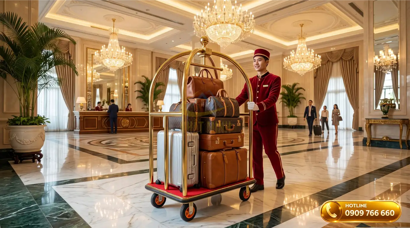 Báo giá xe đẩy hành lý khách sạn mạ vàng lồng chim sang trọng cho sảnh 5 sao