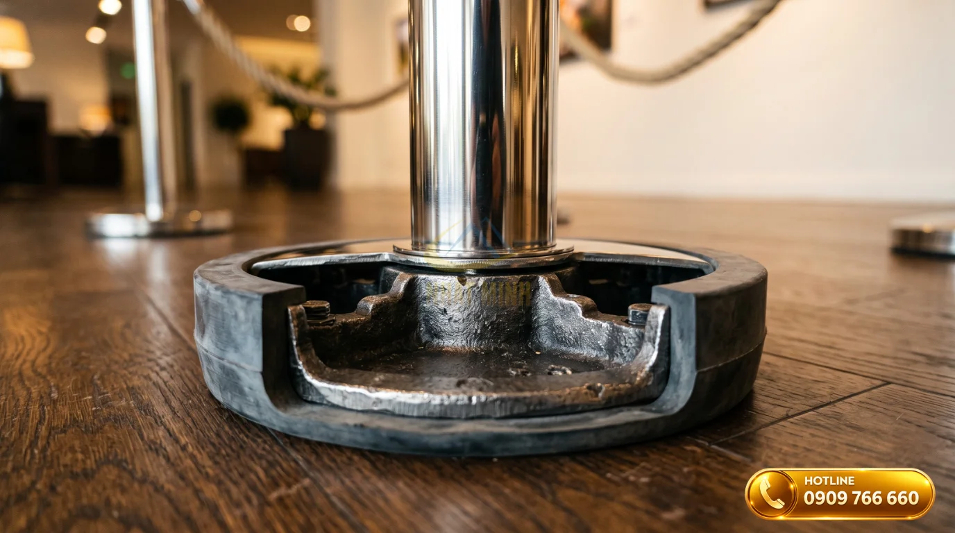 Cấu tạo đế đúc gang và thân inox 304 vững chắc của cột phân cách