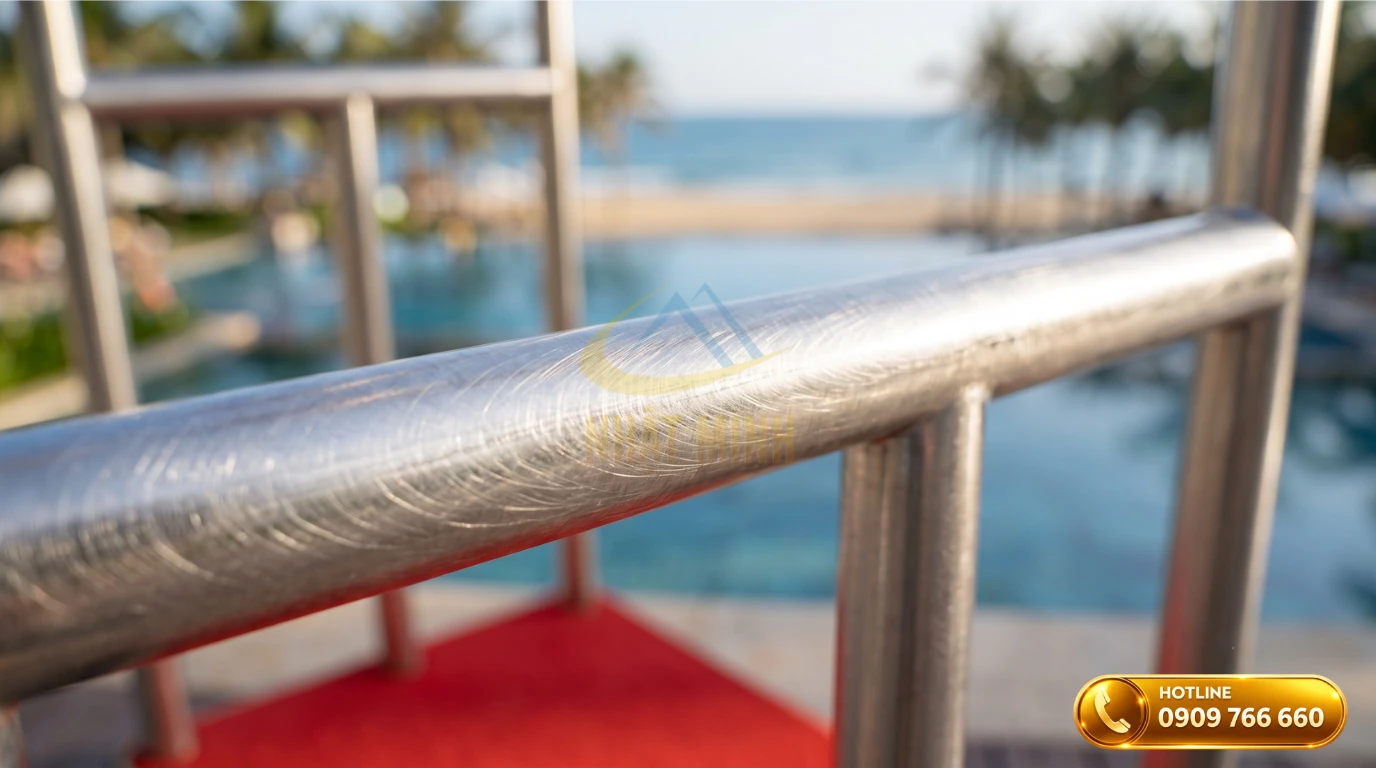Chi tiết bề mặt xước mờ hairline của khung xe đẩy hành lý inox 304 trắng