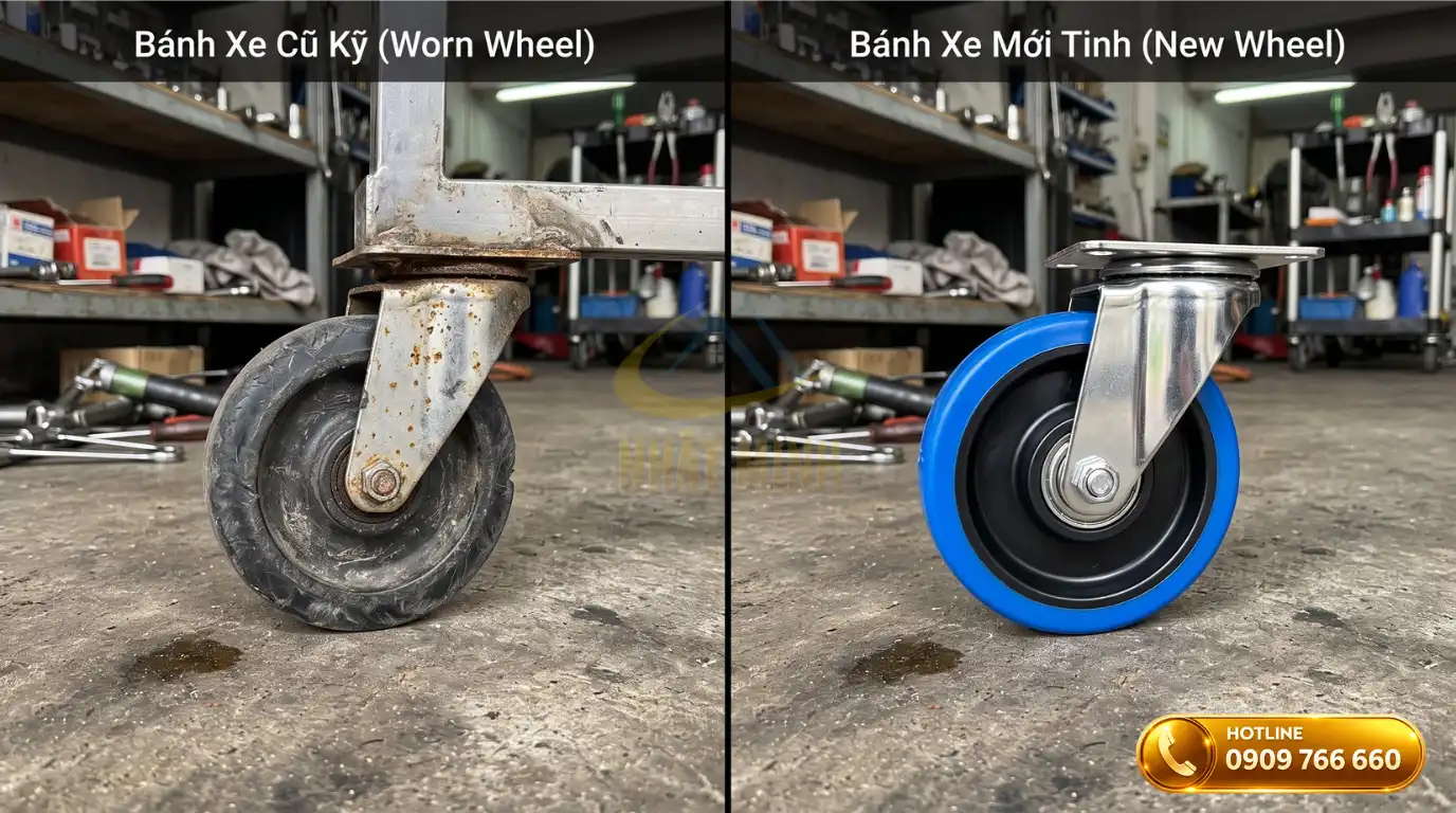 So sánh chi tiết bánh xe dọn phòng cũ rỉ sét và bánh xe đẩy hàng mới tinh