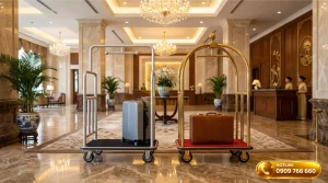 So sánh trực quan xe đẩy hành lý mạ vàng titan và xe đẩy hành lý inox trắng xước tại sảnh khách sạn