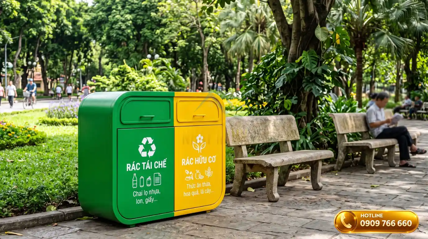 Mẫu thùng rác 2 ngăn ngoài trời bằng nhựa composite màu xanh và vàng