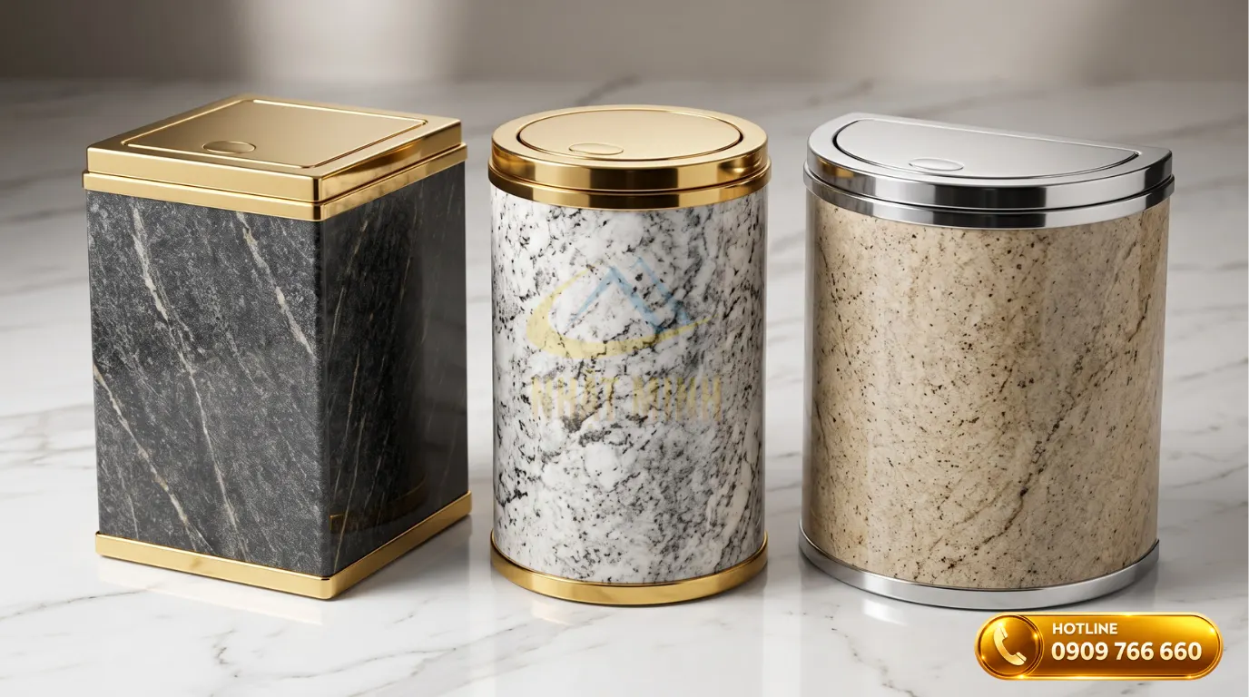 Thùng rác đá hoa cương inox mạ vàng cao cấp phân phối bởi Nhật Minh