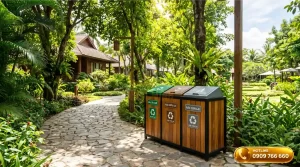 Thùng rác phân loại ngoài trời 3 ngăn bằng thép vân gỗ đặt tại khu nghỉ dưỡng cao cấp