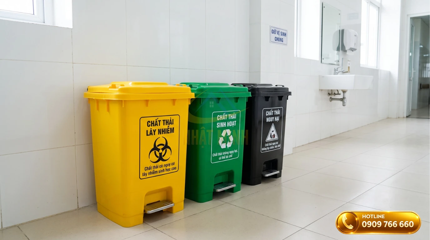 Thùng rác y tế ngoài trời 3 ngăn phân loại rác thải có trang bị đạp chân tiện lợi