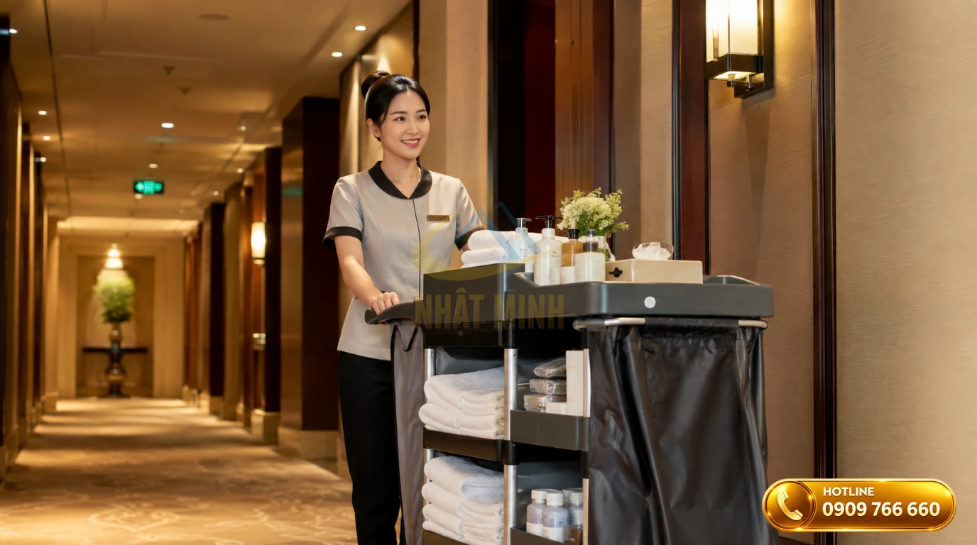 Nhân viên Housekeeping đẩy xe đẩy buồng phòng tại hành lang khách sạn