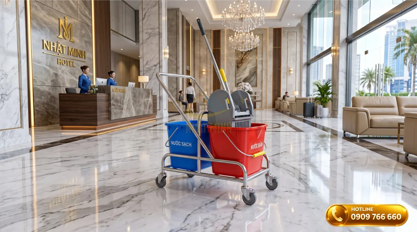 Xe ép nước lau sàn công nghiệp 2 xô dung tích lớn sử dụng tại sảnh khách sạn sang trọng