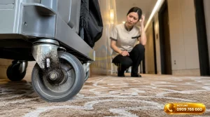 Xử lý bánh xe dọn vệ sinh bị kẹt tóc và rác tại hành lang khách sạn