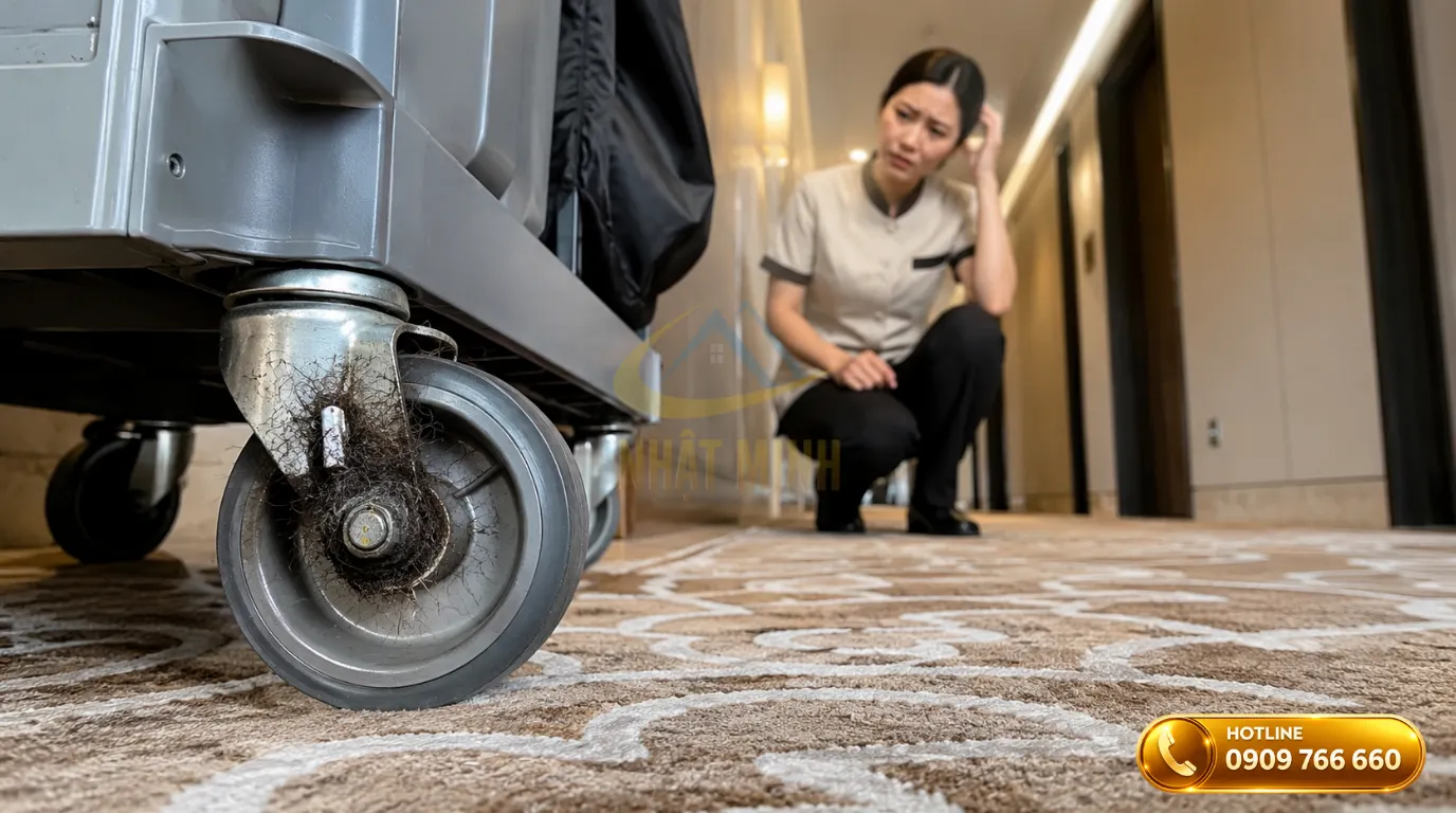 Xử lý bánh xe dọn vệ sinh bị kẹt tóc và rác tại hành lang khách sạn