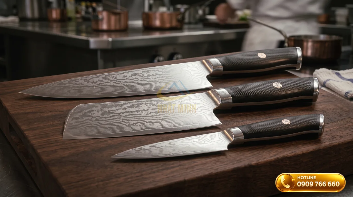 Ba mẫu dao đầu bếp cao cấp bao gồm dao chef, dao chặt và dao gọt tỉa hoa quả