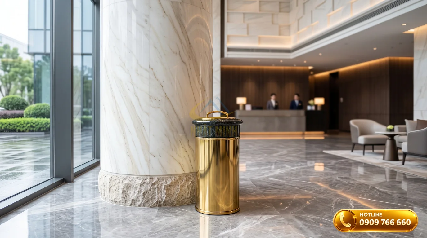 Bố trí thùng rác inox mạ vàng ở khu vực sảnh khách sạn khô ráo và thoáng đãng