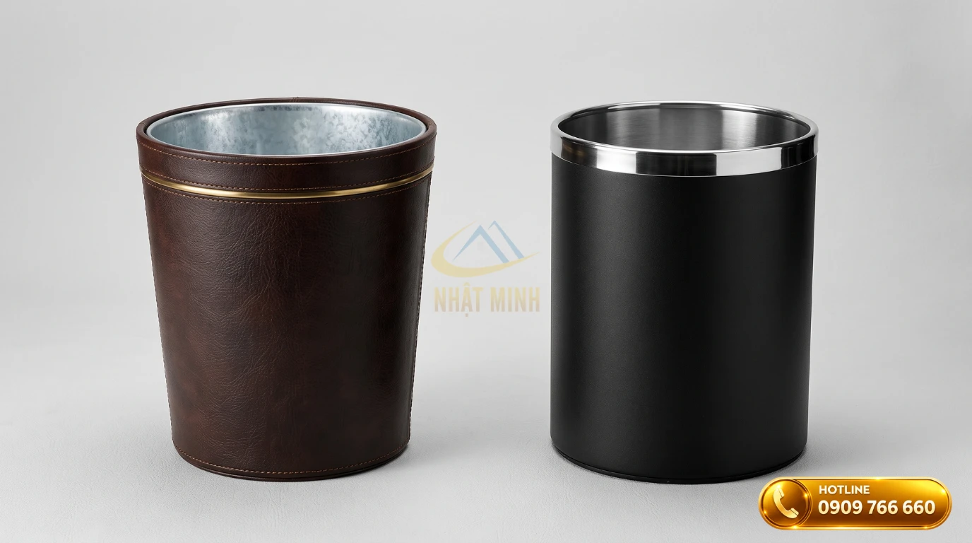 Các mẫu thùng rác inox phòng ngủ chống cháy chất liệu bọc da và thép phun sơn tĩnh điện