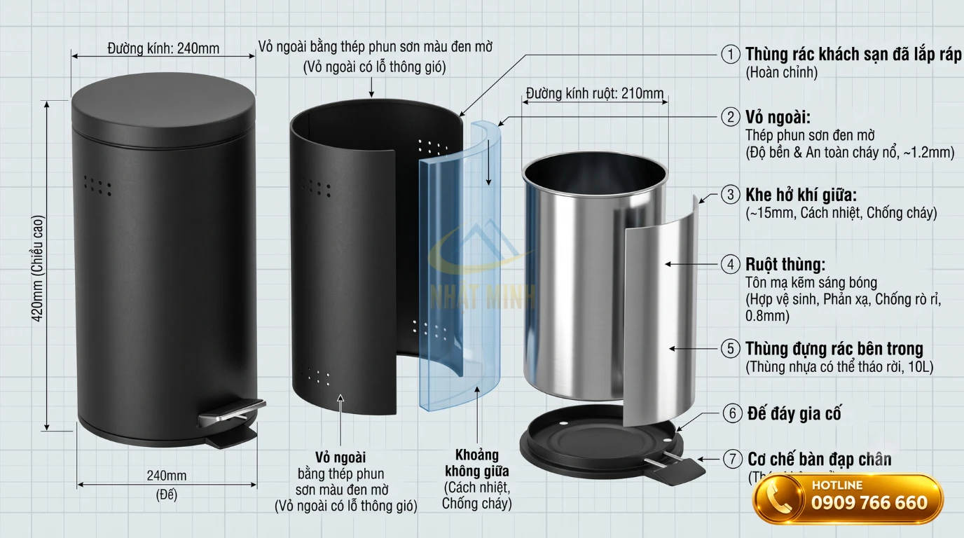 Cấu tạo 2 lớp cách nhiệt an toàn đáp ứng tiêu chuẩn thùng rác khách sạn hiện nay