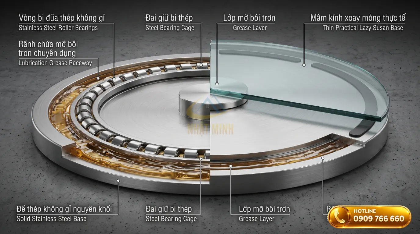 Hình ảnh 3D mô phỏng chi tiết cấu tạo vòng bi đũa thép không gỉ bên trong phụ kiện mâm xoay bàn ăn