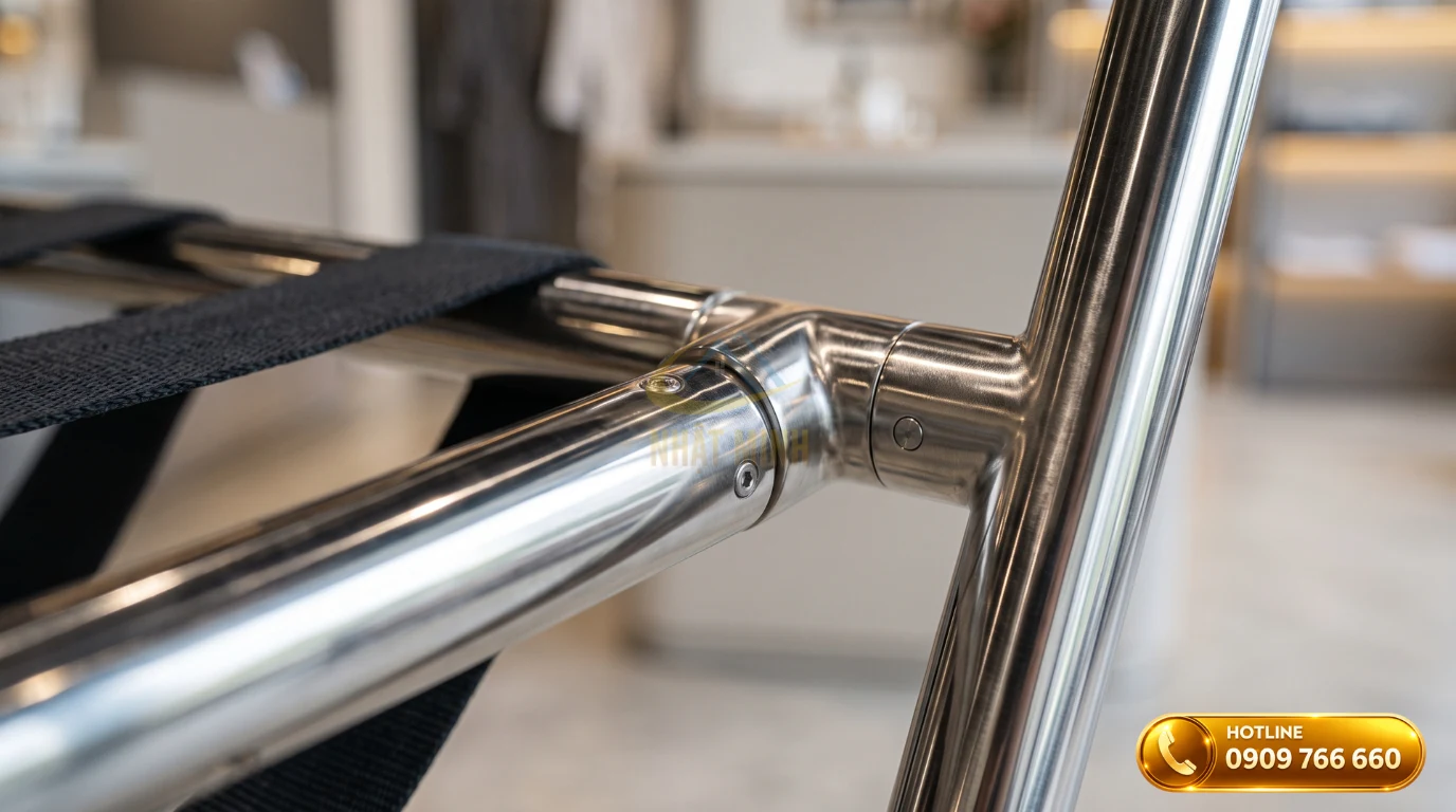 Chi tiết khung inox 304 nguyên khối của kệ để vali khách sạn
